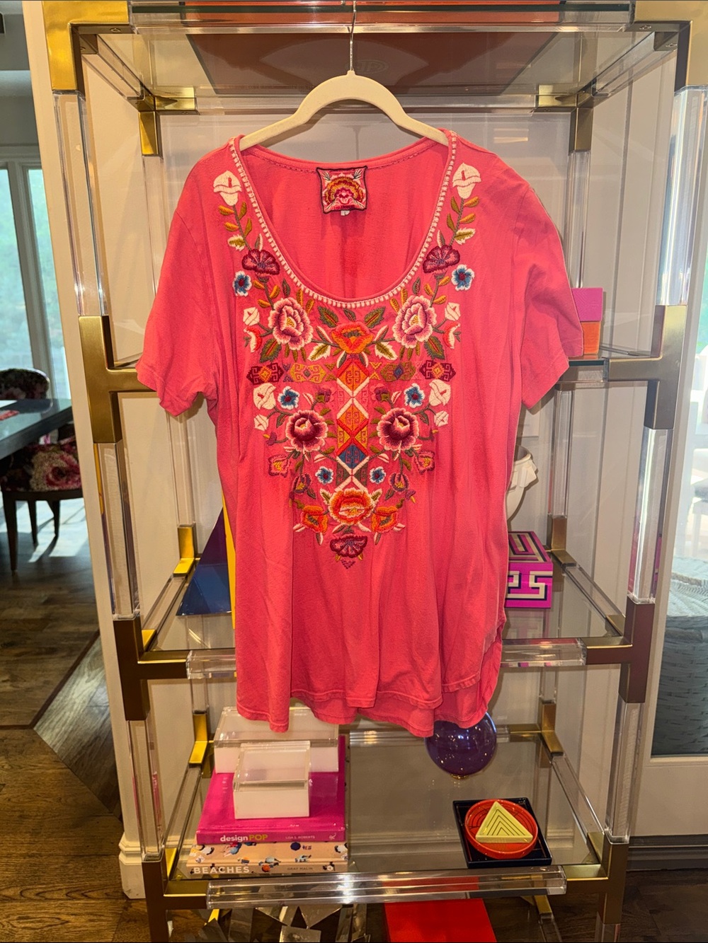 Embroidered Scoop Neck Pink Women’s Tee